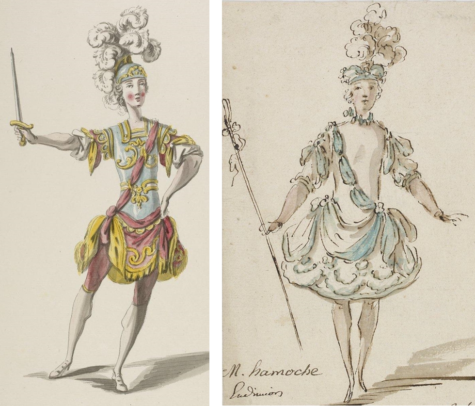 Louis-René Boquet, années 1760 et 1770. 
La tunique à la romaine est fortement imprégnée de l’esprit du XVIIIème siècle : étoffes colorées et flottantes, teint pâle à l’égal des femmes. 