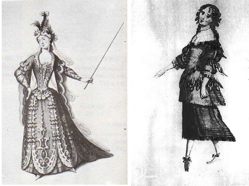Armide par Bérain 1686. On distingue le corsage caractéristique du costume de la femme à cette époque / « Les Noces de Pelée et Thétis », 1654 par Henri de Gissey. 