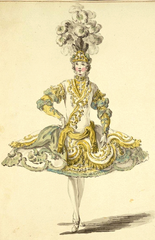 Le tonnelet atteint parfois des proportions importantes. 
Romain vers 1760, costume pour Mr Delaval Louis René Boquet.